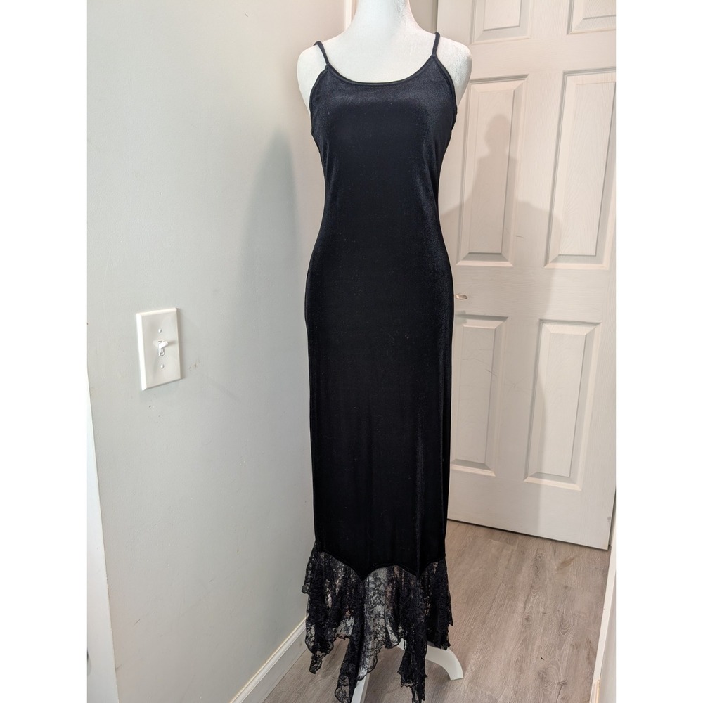 Vintage Y2K Jump Apparel Black Velvet W/ Lace Fitted Maxi Dress Whimsigoth 5/6